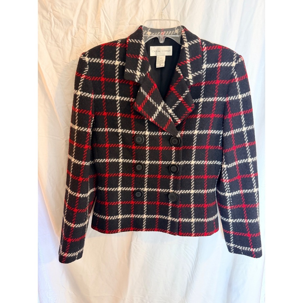 Casual Corner Vintage 100% Wool Plaid Blazer Red Black White Double Breasted 6